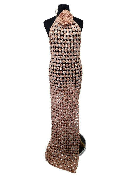Toccin Dresses & Skirts - Toccin Pink Crochet Faux Mother of Pearl Button Rosette Halter Maxi Dress